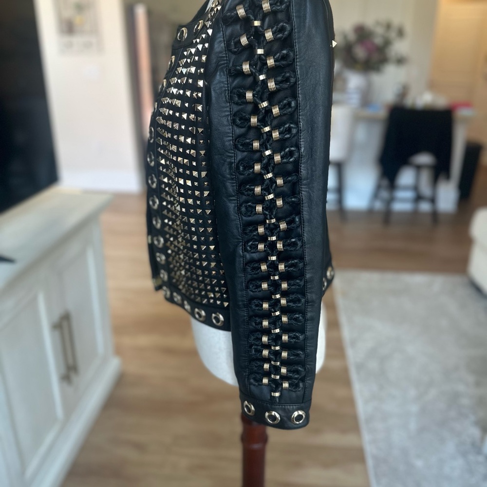 Alice + Olivia Black and Gold Leather Jacket - Picture 4 of 10